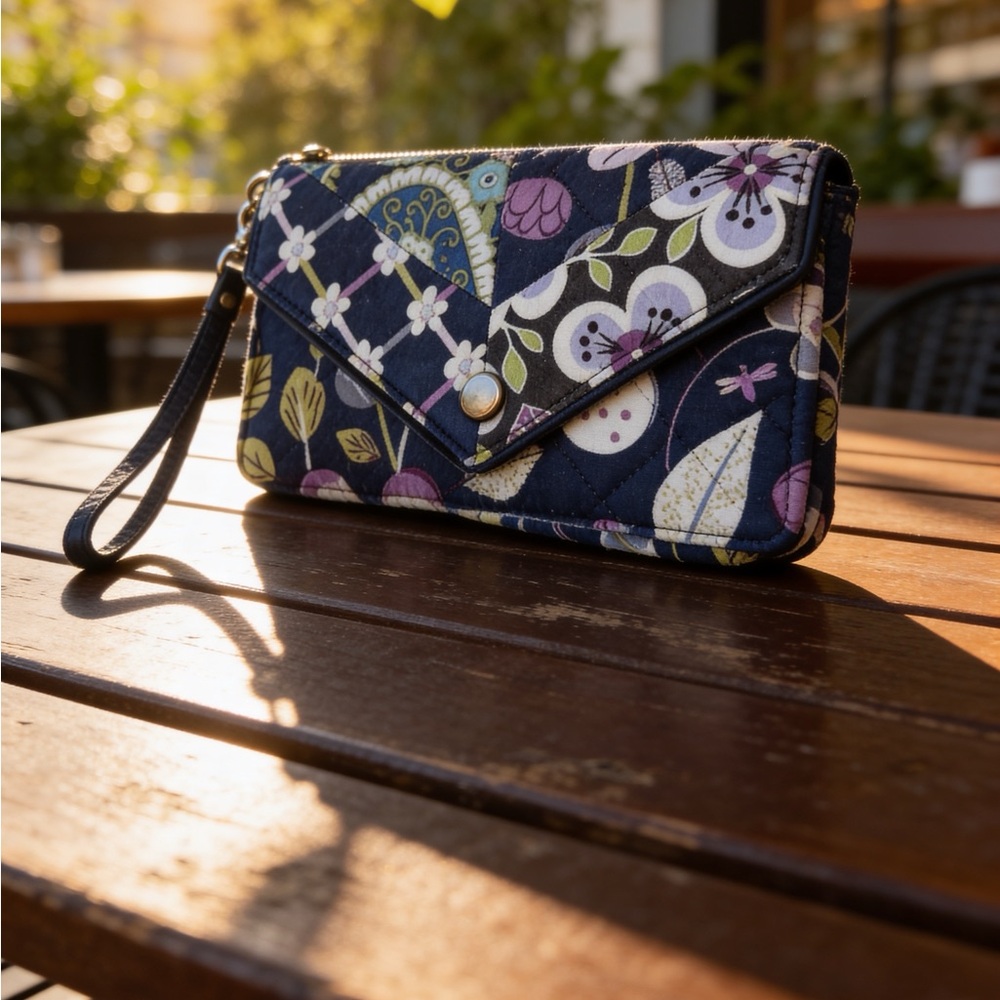 Vera Bradley Navy Floral Quilted Wristlet with Purple & Cream Accents